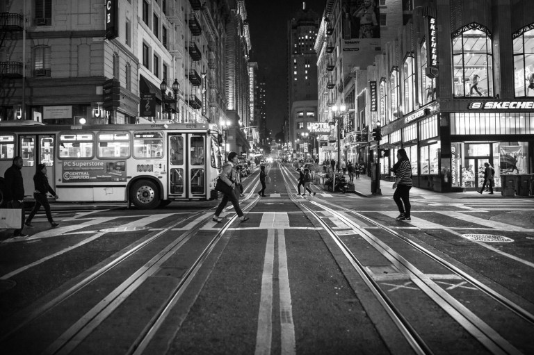 A busy city at night