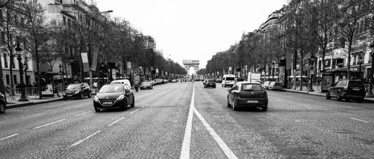 Looking down the Champs Elysees toward the Arc de Triomphe