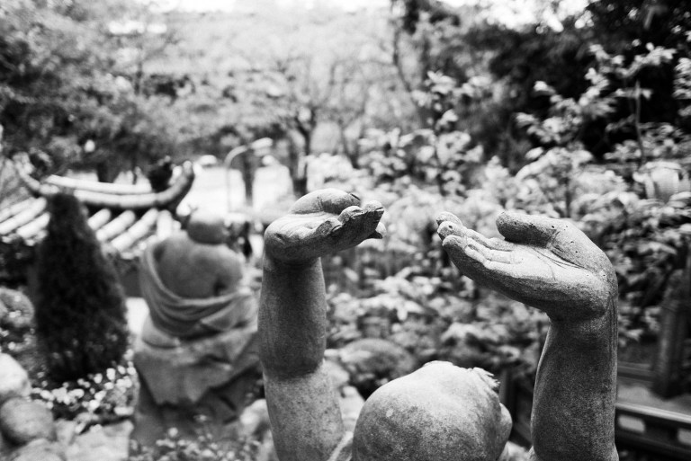 Walking up the steps to a local temple.