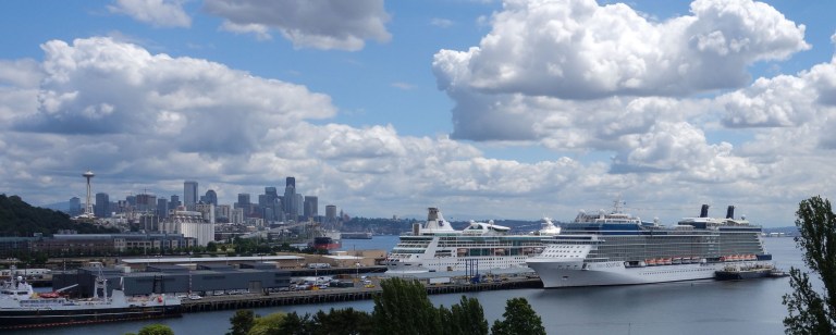 Looking south from the Magnolia neighborhood over the cruise ship docks. Occasionally, Mt. Rainier pops its head out near the skyline.