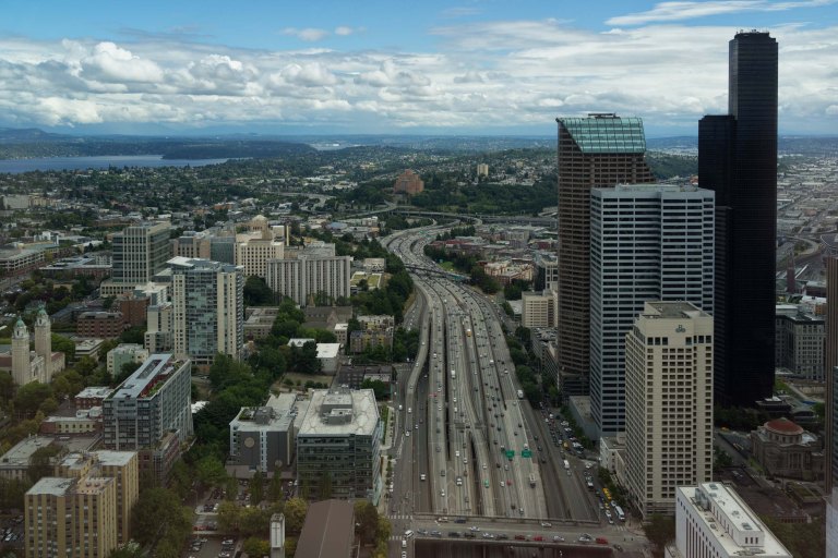 This is the southerly view from the office of a friend. Interstate 5 runs right through the heart of the downtown corridor. 