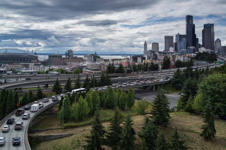 This is a popular spot for photographs of Seattle skyline. Basically, it's at the foot of Amazon's original headquarters, just above the international district.