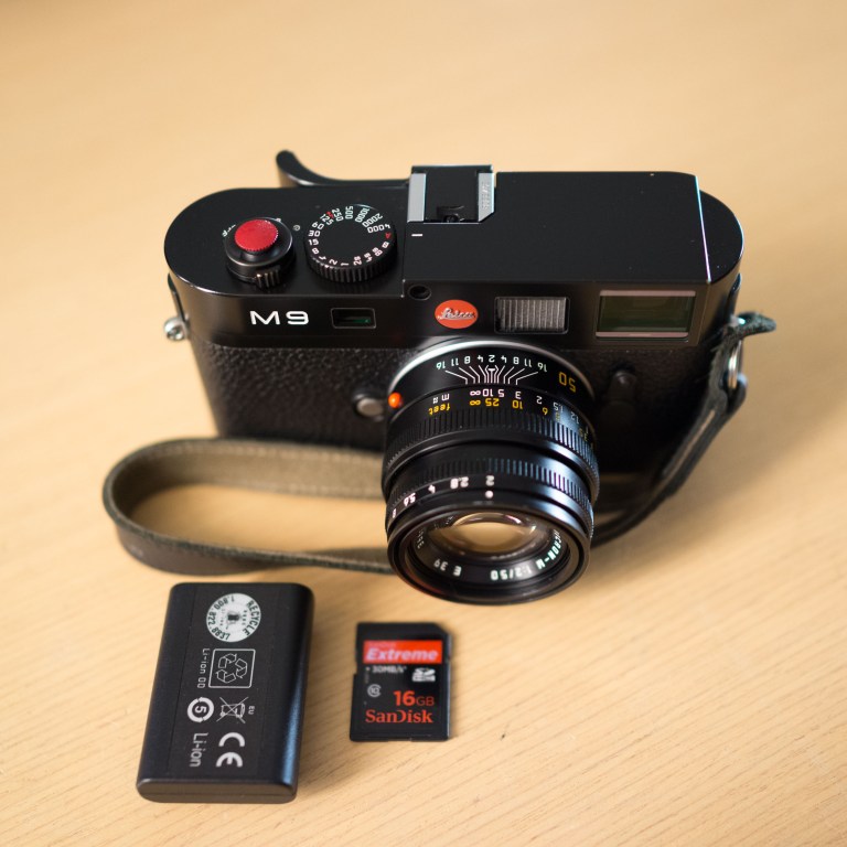 Leica M9, 50mm Summicron, SD card and spare battery. This will get me through a full day of shooting.