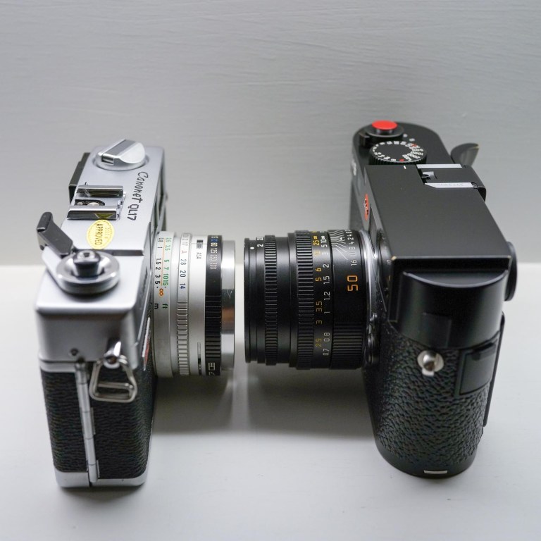 The QL17 GIII and its 40mm f/1.7 lens and the Leica M9 with a 50mm Summicron (f/2).