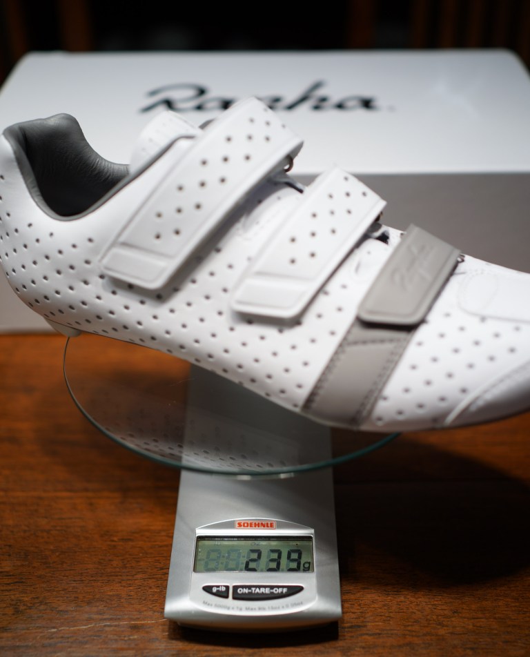 With the Climber's shoes weight is everything. These 44.5 shoes weigh in at 239 grams, Rapha claims 210 grams for the 42.5 shoes. (Sony RX1r)