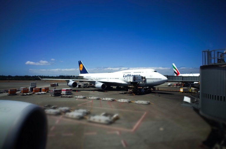 A Lufthansa 747-400 at the gate at Seatac.