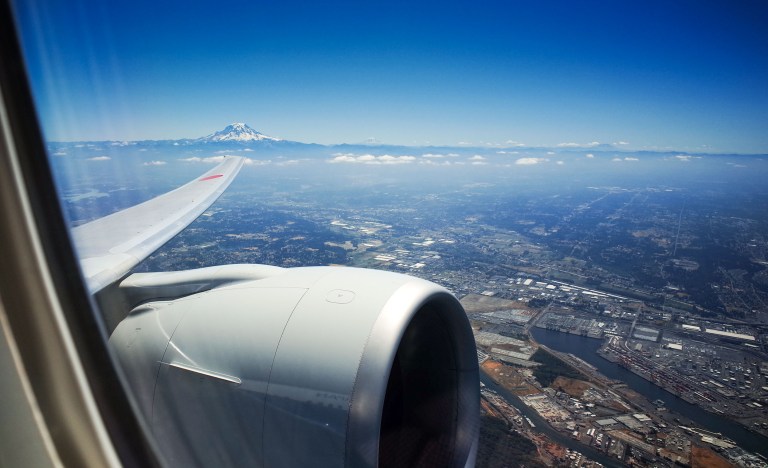 Mt. Rainier, Mt. Adams and Mt. St. Helens all visible along the Cascade Range.
