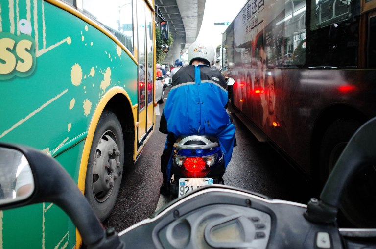 It's a tight squeeze sometimes. Scooting in Taipei always keeps you o n your toes.
