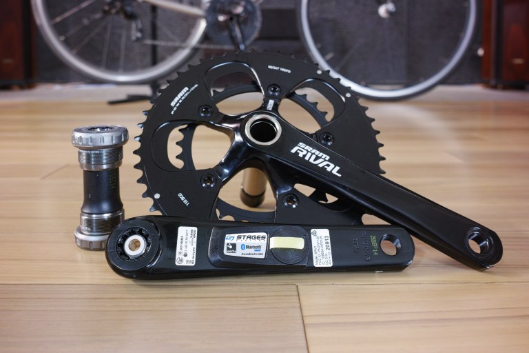 The bottom bracket, Left crank (with power meter) and right side crank with 50/34 compact chainrings.
